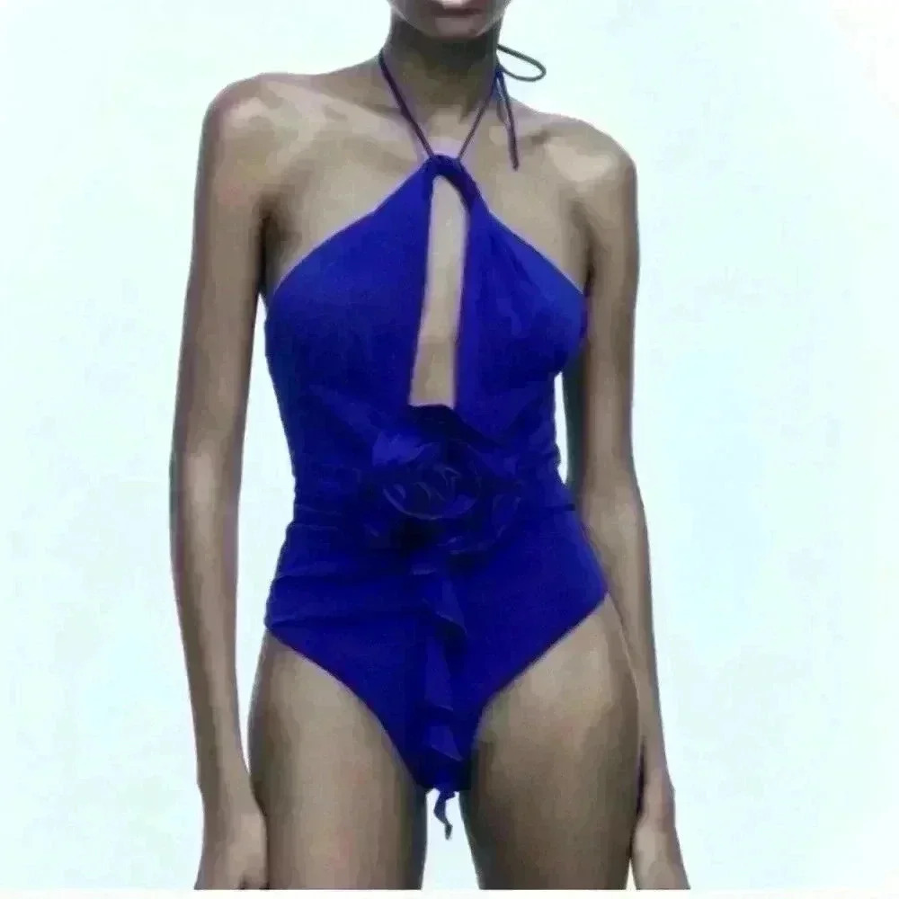 ZARA | Women's Royal Blue Flower Tie Ruffled Halter Bodysuit